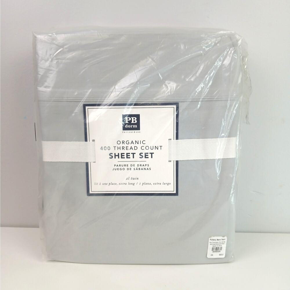 Pottery Barn PB Dorm Organic 400 Thread Count Sheet Set XL Twin Light Gray NEW